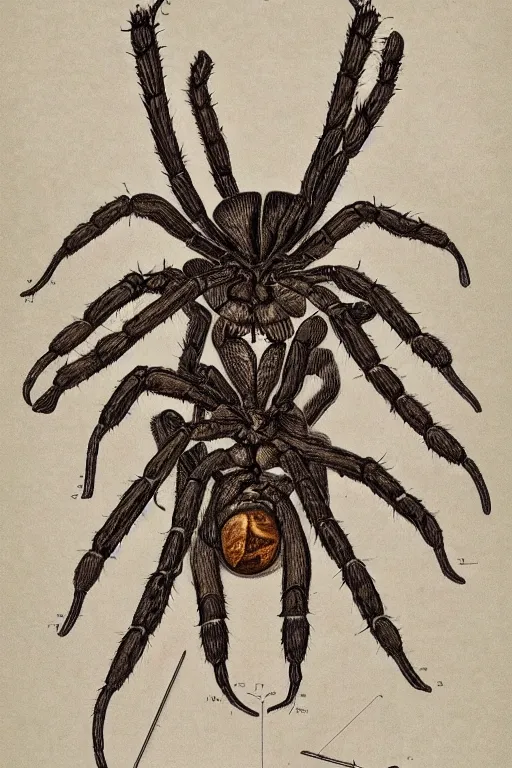 Image similar to anatomical encyclopedia illustration of a disturbing! alien spider, photorealistic, diagram