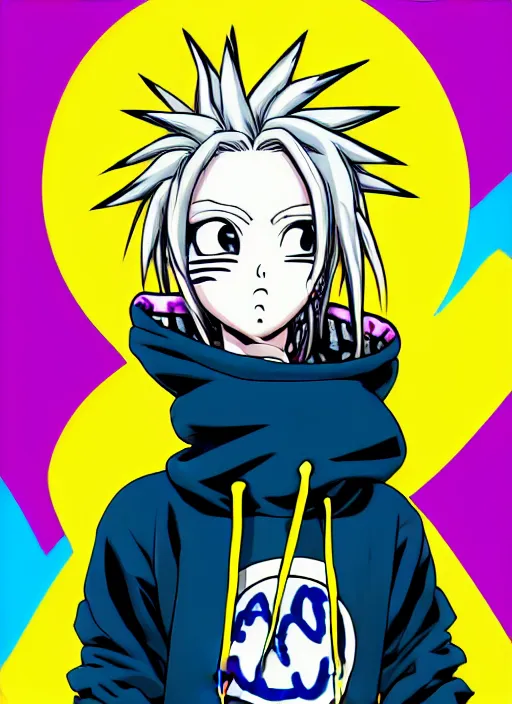 Prompt: highly detailed portrait of a city punk lady student, blue eyes, hoodie, white hair by akira toriyama, gradient yellow, black, brown and cyan blue color scheme, grunge aesthetic!!! ( ( graffiti tag wall background ) )