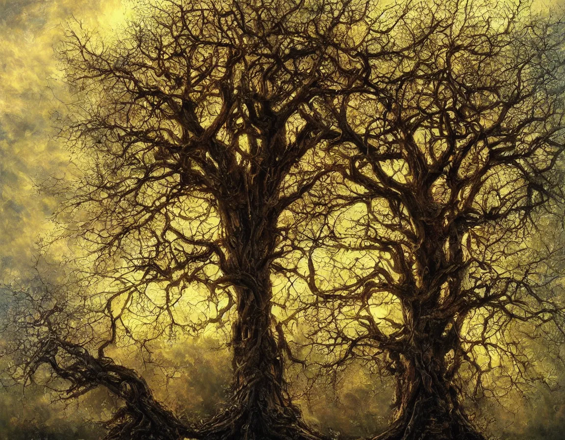 Image similar to hyper realistic oil painting of tree of life, hd, hdr, by jan matejko, ultra detailed, high resolution