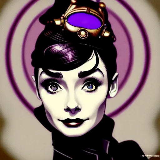 Prompt: in the style of joshua middleton, artgerm, beautiful audrey hepburn, steampunk, bioshock, elegant pose, middle shot, spooky, symmetrical face symmetrical eyes, three point lighting, detailed realistic eyes, short neck, purple and green top clothing, insanely detailed and intricate elegant