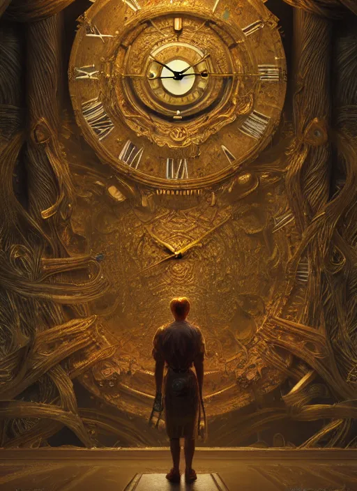 Prompt: the clocks made of men, au naturel, hyper detailed, digital art, trending in artstation, cinematic lighting, studio quality, smooth render, unreal engine 5 rendered, octane render, art style by klimt and nixeu and ian sprigger and wlop and krenz cushart