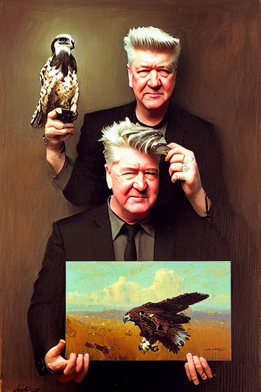 Image similar to david lynch with falconers glove, holding falcon painting by gaston bussiere, craig mullins