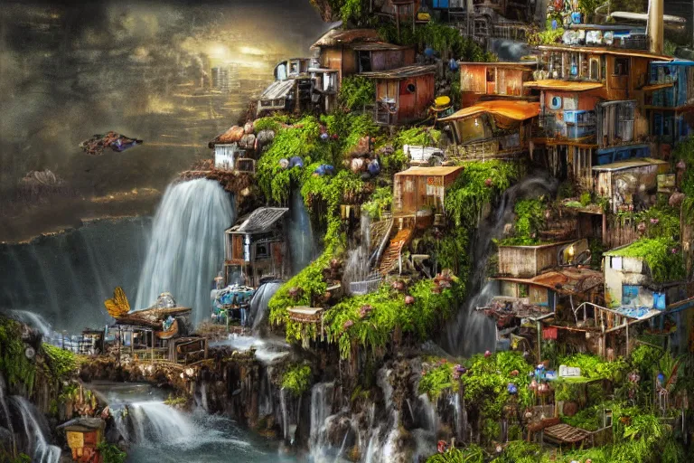 Image similar to mission waterfall favela honeybee hive, subconscious environment, industrial factory, award winning art, epic dreamlike fantasy landscape, ultra realistic,