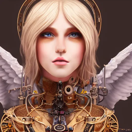 Image similar to a pretty blond steampunk seraphim in the middle of a machine city, perfect symmetrical face, cute face, 8 k, shallow depth of field, 8 k, ultra high detail, concept art, w 1 0 2 4