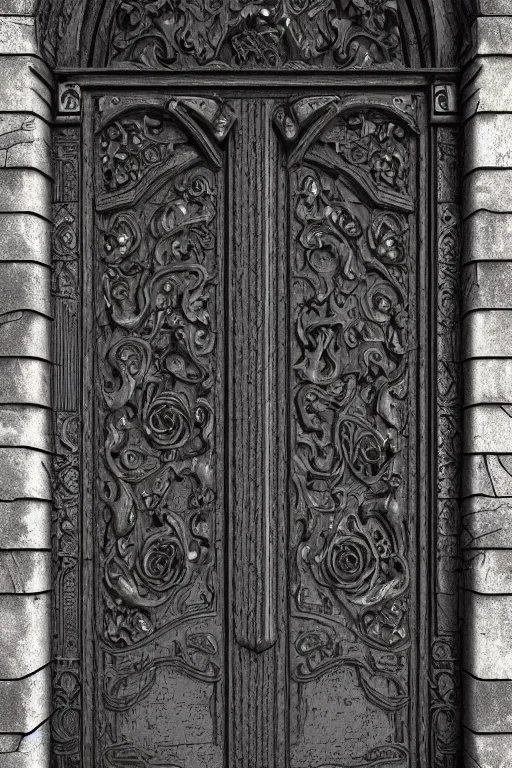 Image similar to cast iron door. mysterious. ominous shapes. photoreal, hyper - detailed. gothic. medieval. octane render