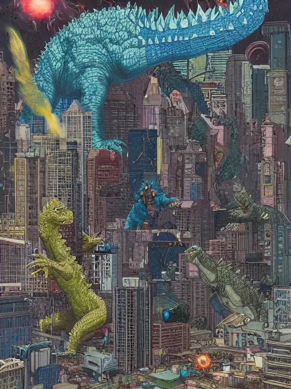 Prompt: a digital art of a Godzilla destroy the cyber city,by Chris Ware,Jane Newland,peter,gric,Peter Mohrbacher,aaron horkey trending on artstation,maximalist,full of color,glittering