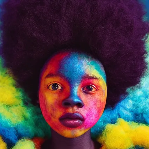 Image similar to a black girl with big cute! eyes and a colorful afro dancing in a filed of candy at sunset, bright colors, watercolor, volumetric wool felting, felt, macro photography, children illustration, global illumination, radiant light, detailed and intricate environment, by goro fujita, psychedelic surreal portrait, bokeh!!!!