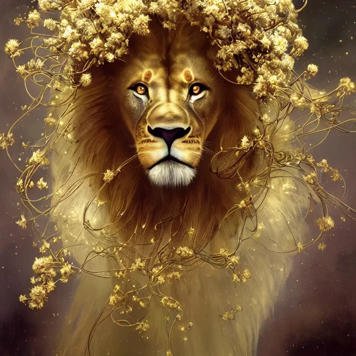 Image similar to hyperrealist portrait of a 2 0 4 4 space sport lion, it is decorated with long gold wires and white flowers that fall like vines and wears a huge computer crown. by jeremy mann and alphonse mucha, fantasy art, photo realistic, dynamic lighting, artstation, poster, volumetric lighting, dramatic light, very detailed faces, 8 k, award winning