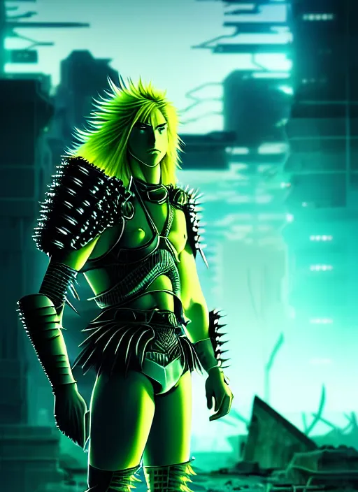 Image similar to a striking cinematic full body manga portrait of a male warrior with long blonde hair and blue eyes wearing evil green spiked cyberpunk armour and standing in the desolate burning ruins of a futuristic city by hirohiko araki and beeple, fine details, digital art, character concept art, volumetric lighting, cinematic light, photorealistic