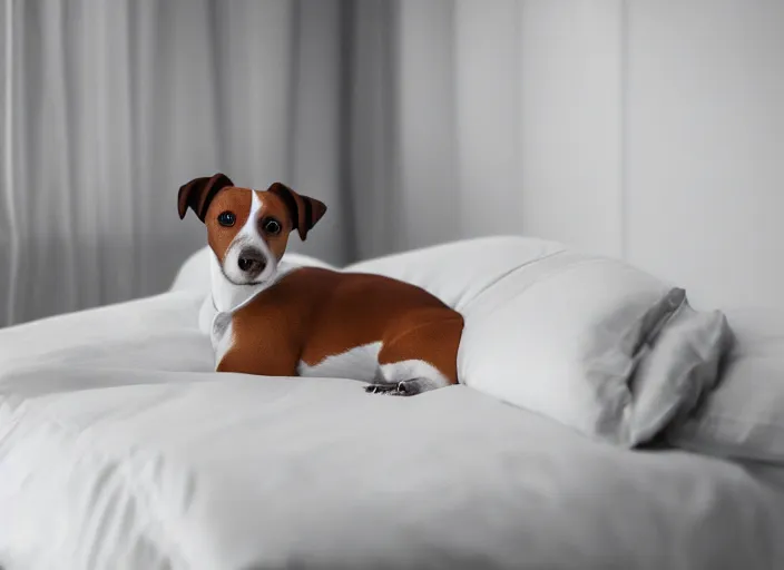 Image similar to photography of a Jack Russel . watching outside the window. on a bed .in a 3d rendered white room. octane render, 3d, foggy, volumetric light, volumetric fog, photorealistic, unreal engine 5, award winning photo, 100mm, sharp, cloth, high res