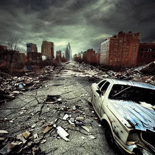 Image similar to new york abandoned, post apocalyptic, damage road