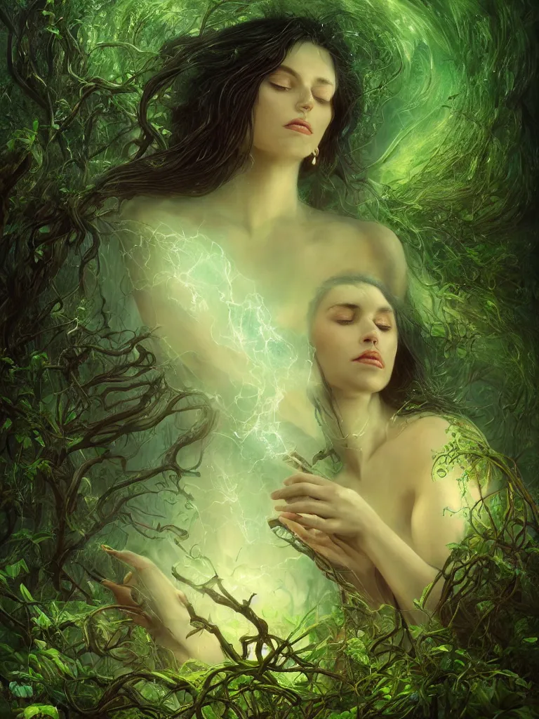 Prompt: an ancient mystical alluring beautiful female witch generating flowing energy and surrounded by wisps of green magic sits meditating in an overgrown garde, by karol bak, 3 d, cinema 4 d render, trending on artstation