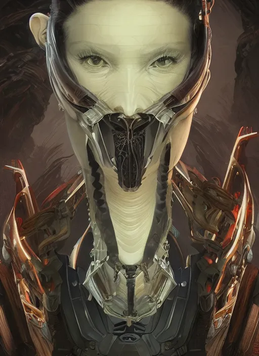 Image similar to asymmetrical!! portrait of an alien with large tubes in face in the style of, machine face, intricate, elegant, highly detailed, digital painting, artstation, concept art, smooth, sharp focus, illustration, art by artgerm and greg rutkowski and alphonse mucha, horizon zero dawn 8 k