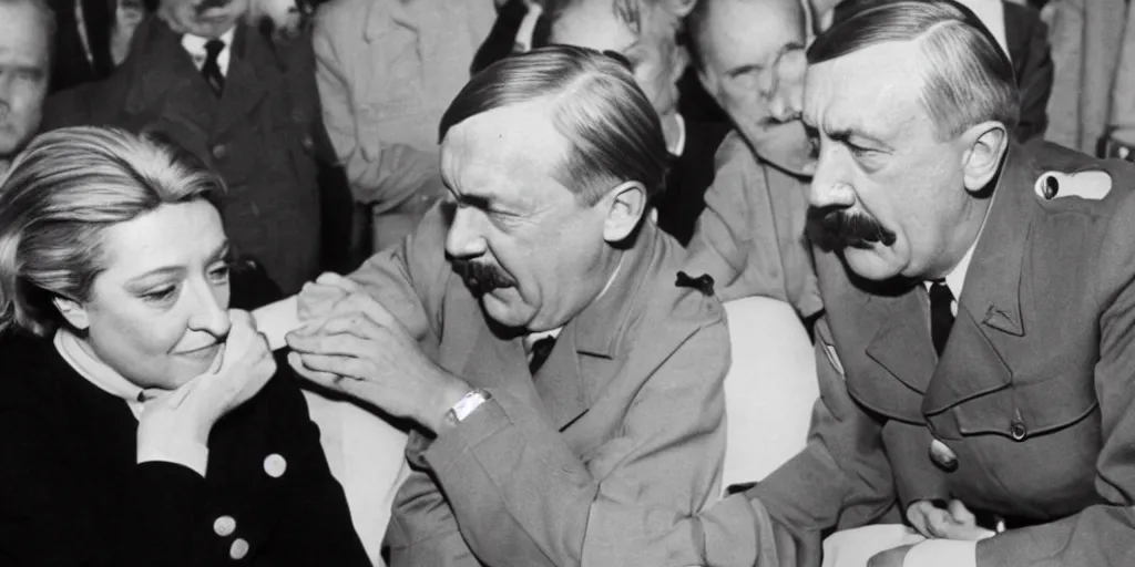 Image similar to Historical photography of Marine Le Pen meeting with Adolf Hitler, colorized