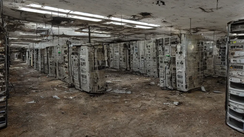 Prompt: inside an old abandoned derelict data centre. old server's and server racks, crt monitors and other old equipment.