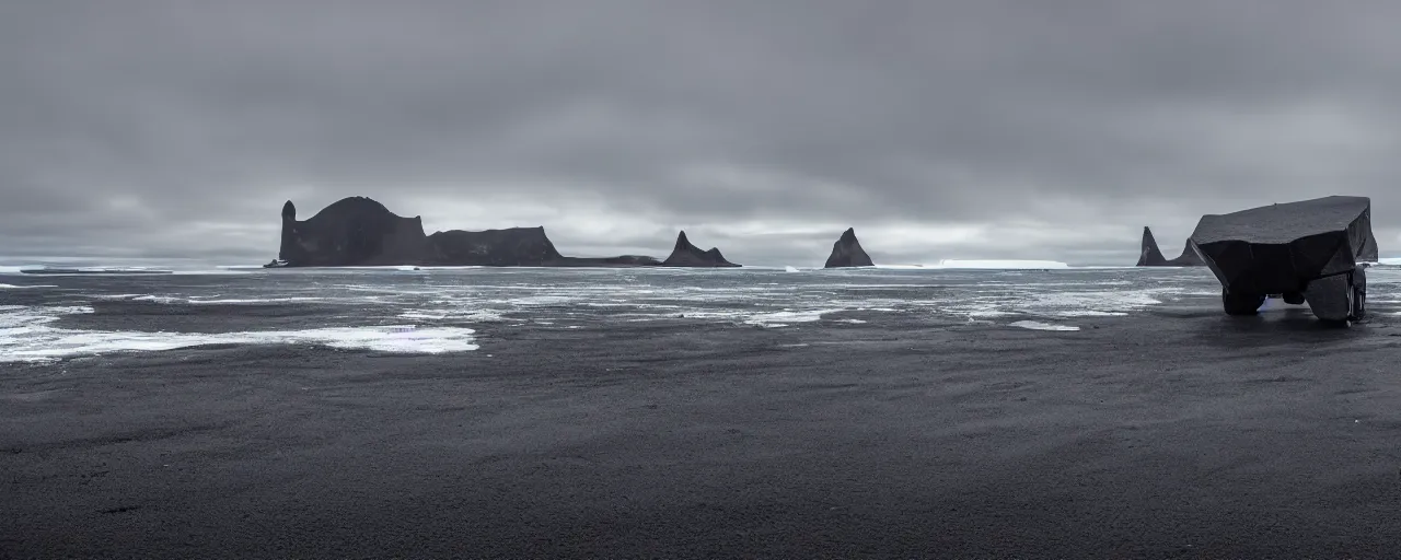 Image similar to low angle cinematic shot of giant futuristic mech in the middle of an endless black sand beach in iceland with icebergs in the distance,, 2 8 mm