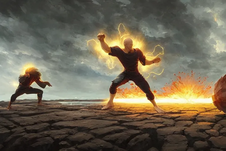 Image similar to saitama fighting the homelander, epic scene, Highly detailed painting, cinematic landscape, realistic, a fantasy digital painting by Greg Rutkowski and James Gurney