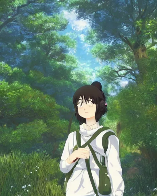 Image similar to a full shot of a teenage girl on a hike, moe, kawaii, pretty, lovely, detailed face, digital art by makoto shinkai and claude monet