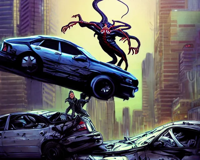 Prompt: A realistic Venom standing on top of a wrecked car in the city, open arms art by Jason Chan and Gerardo Sandoval, Ultra detailed, hyper realistic, cinematic lighting