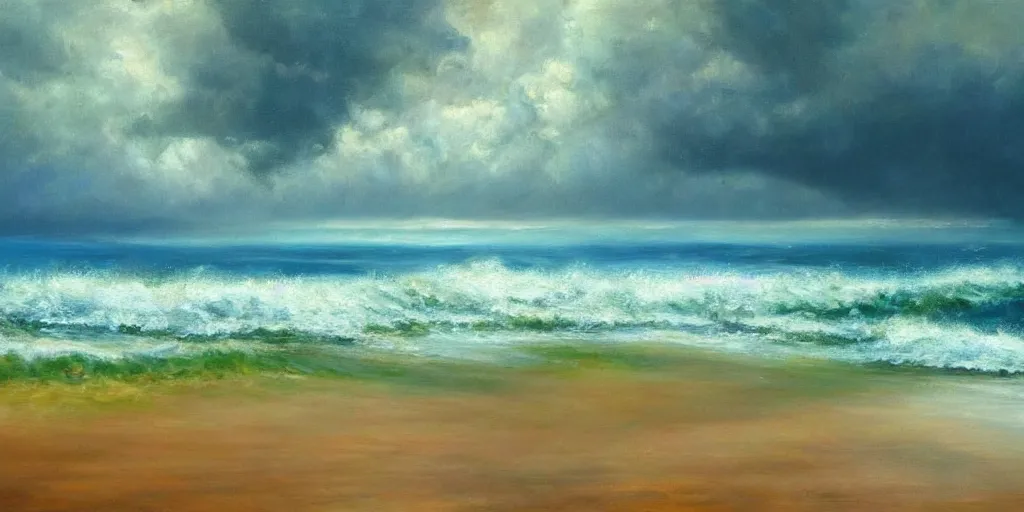 Image similar to a beautiful oil on canvas. seascape. view from the coast of the sea. coastal landscape trees and sand. stormy blue and green sea i'm background. epic sky bdetailed. trending on art station. beautiful. tropical. h 7 6 8