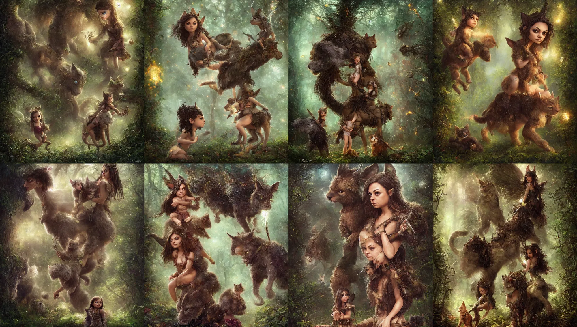 Image similar to portrait of wondrous little mila kunis mounted on a large fluffy cat warrior through mystical mythical elven forest, fireflies, electricity, wlop, steve argyle, ilya kuvshinov, ralph horsley, rossdraw, mark ryden, daniel f. gerhartz, sophie anderson, lilia alvarado, tom chambers