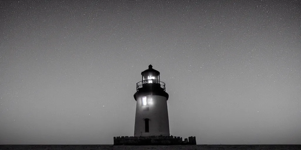 Prompt: Haunted lighthouse, wise shot from the ocean at night, Delaware