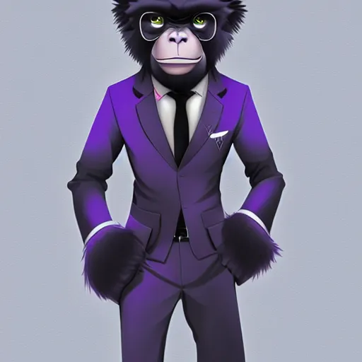 Image similar to a anime style digital art of a purple fur gorilla wearing a black suit, black pants, black shoes and a black, trending on arstation, ilya kuvshinov