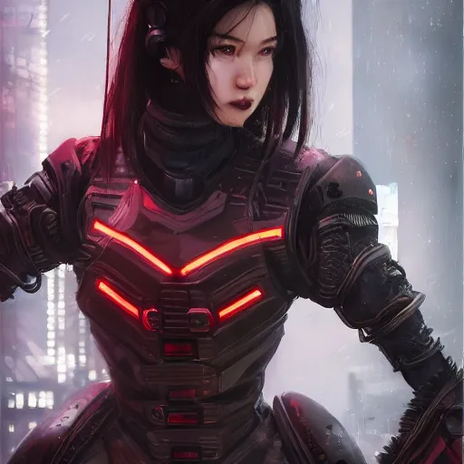 Image similar to An realistic epic fantastic comic book style portrait painting of a female cyber samurai by WLOP, black and reddish color armor, cyberpunk feel raining at tokyo rooftop, Concept world Art, unreal 5, DAZ, hyperrealistic, octane render, cosplay, RPG portrait, dramatic lighting, rim lights