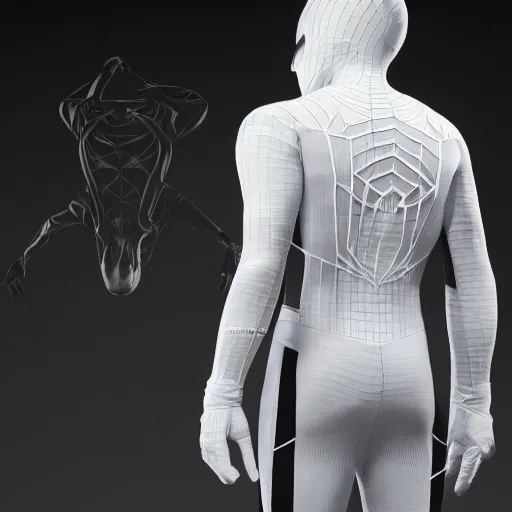 Image similar to white spider - man suit with black web lining, cinematic, volumetric lighting, realistic, hyperdetailed, photorealistic, photograph