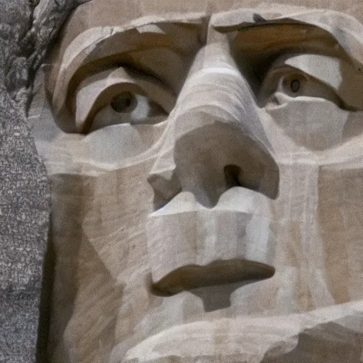 Image similar to a photo of mount rushmore after donald trump's face had been added. the photo clearly depicts the facial features of donald trump, at a slightly elevated level, depicting his particular hair style carved into the stone at the mountain top, centered, balances, regal, pensive, powerful, just