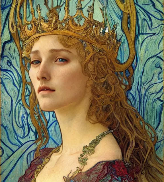 Image similar to detailed realistic beautiful young medieval queen face portrait by jean delville, alphonse mucha, vincent van gogh, and marco mazzoni, art nouveau, symbolist, visionary, gothic, pre - raphaelite
