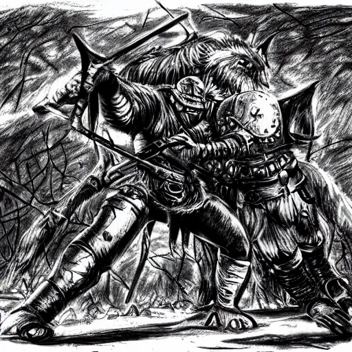 Image similar to A detailed sketch of a medieval warrior in leather armour fighting wolf-like monsters in a dark forest, sun eclipse in the sky, gritty, depressive, rough, Kentaro Miura style, very high-detailed