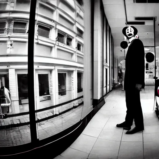 Image similar to cctv fisheye lens 35mm picture of two clowns dressed in suits looking at the camera menacingly, dramatic lighting, low res