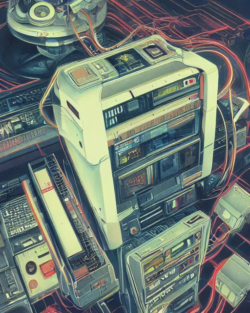 Image similar to a console of 8 0 s era technology, vintage shapes, retro technology, vintage color. ghost in the shell style by wayne barlow, oil on canvas, deep depth of field, masterpiece, cinematic composition, hyperdetailed