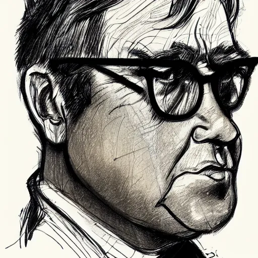 Prompt: a realistic yet scraggly portrait sketch of the side profile of a stern and sophisticated elton john, trending on artstation, intricate details, in the style of frank auerbach, in the style of sergio aragones, in the style of martin ansin, in the style of david aja, in the style of mattias adolfsson