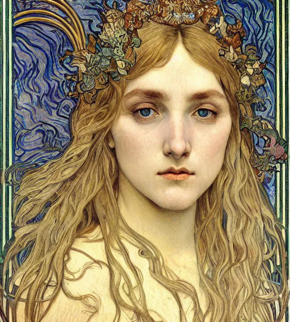 Image similar to detailed realistic beautiful young medieval queen face portrait by jean delville, alphonse mucha, vincent van gogh, and marco mazzoni, art nouveau, symbolist, visionary, gothic, pre - raphaelite
