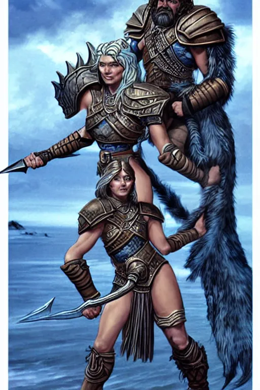 Image similar to a small blue-skinned triton girl wearing scale armor riding on a the shoulders of a large male goliath wearing fur and leather armor, dnd concept art, painting by Larry Elmore and ross tran