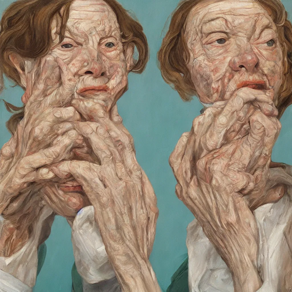 Image similar to high quality high detail painting by lucian freud, jenny savile, unsettling portrait, cream and turquoise, hd