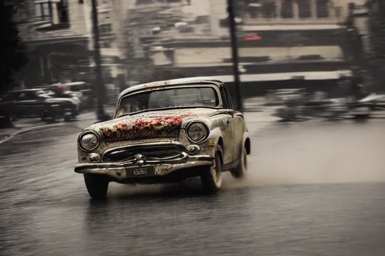 Prompt: street photography by saul leiter, award winning photo of an ultra detailed intricate dirty vintage ford car speeding very fast on mud, fast shutter speed, motion blur, tiny gaussian blur, highly detailed, highly intricate, depth of field, trending on top gear