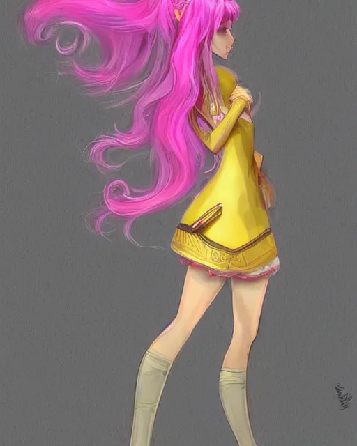 Prompt: concept art of a princess, she has pink hair and a yellow crown, anime art, digital painting, hd, smooth, full body shot, tran ross