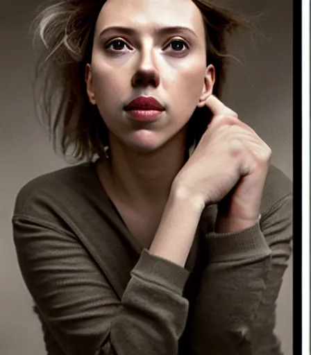 Image similar to a high quality, high detail, photorealistic portrait of scarlett johansson by james nachtwey and lucian freud,