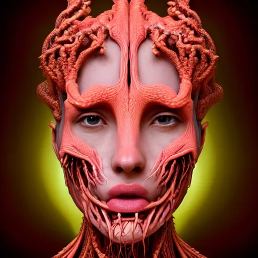Image similar to high quality photo of a young beautiful female queen-coral-dragon-cyborg bust with a very long neck and Mandelbrot fractal face, Mandelbrot fractal skin, flesh, anatomical, facial muscles, veins, arteries, elegant, highly detailed, flesh highly baroque ornate, hair are wired cables, elegant, high fashion, rim light, octane render, in the style of Lindsay Adler, Realistic, Refined, Digital Art, Highly Detailed, Cinematic Lighting, rim light, black and white, photo-realistic, 8K