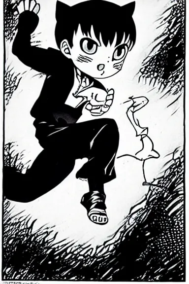 Image similar to attractive little boy in black cat suit, black and white artwork made by yoshihiro togashi,