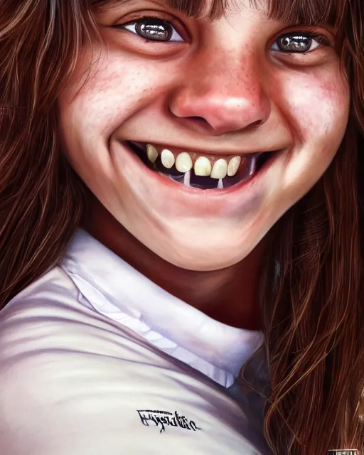 Prompt: close up portrait of 1 5 - year - old girl, smile with large front teeth, hermione, very bushy brown hair, and very bright brown eyes, wearing white shirt, hyper realistic face, beautiful eyes, character art, art by mark brooks, hyperdetailed, cryengine, trending on artstation, digital art