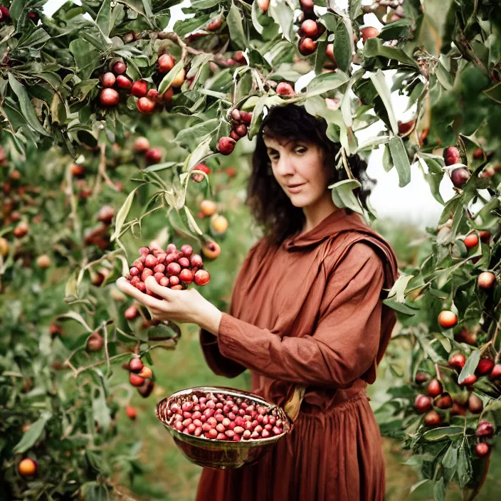 Prompt: a closeup portrait of a woman wearing iridescent copper armor, picking pomegranates from a tree in an orchard, foggy, moody, photograph, by vincent desiderio, canon eos c 3 0 0, ƒ 1. 8, 3 5 mm, 8 k, medium - format print