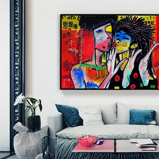 Image similar to acrylic painting of two bizarre psychedelic women kissing in japan in winter, speculative evolution, mixed media collage by basquiat and jackson pollock, maximalist magazine collage art, sapphic art, psychedelic illustration