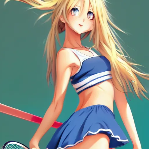 Image similar to a very beautiful young anime tennis girl, full body, long wavy blond hair, sky blue eyes, full round face, bikini, miniskirt, front view, mid - shot, highly detailed, cinematic wallpaper by stanley artgerm lau