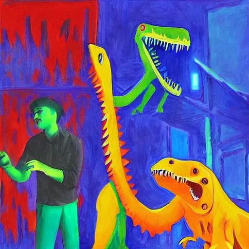 Image similar to “dinosaur singing karaoke detailed trex happy podcast national geographic figure dramatic lighting proportional symmetrical minimalism Edward Cooper Matisse digital art oil painting”