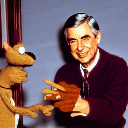 Image similar to Mister Rogers holding a devil puppet on his hand