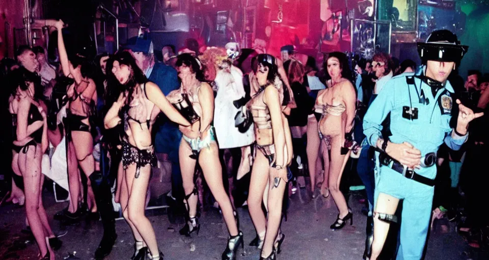 Image similar to color film still, cyberpunk police at the disco ; studio 5 4 ( 1 9 9 8 )